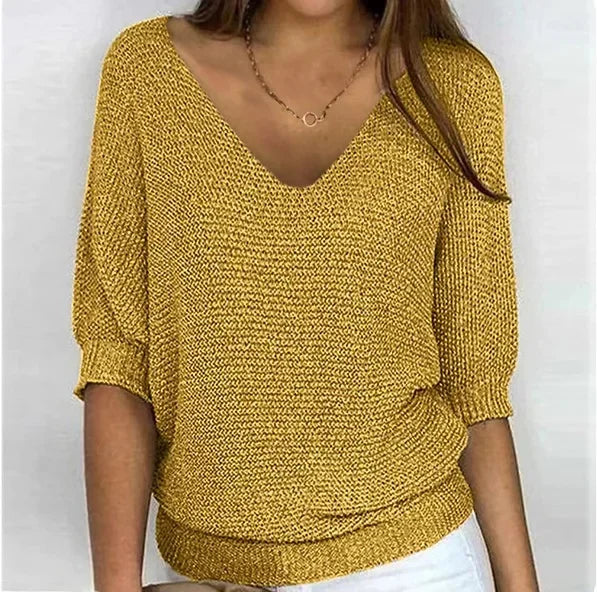 Yellow V-neck knit sweater with three-quarter sleeves