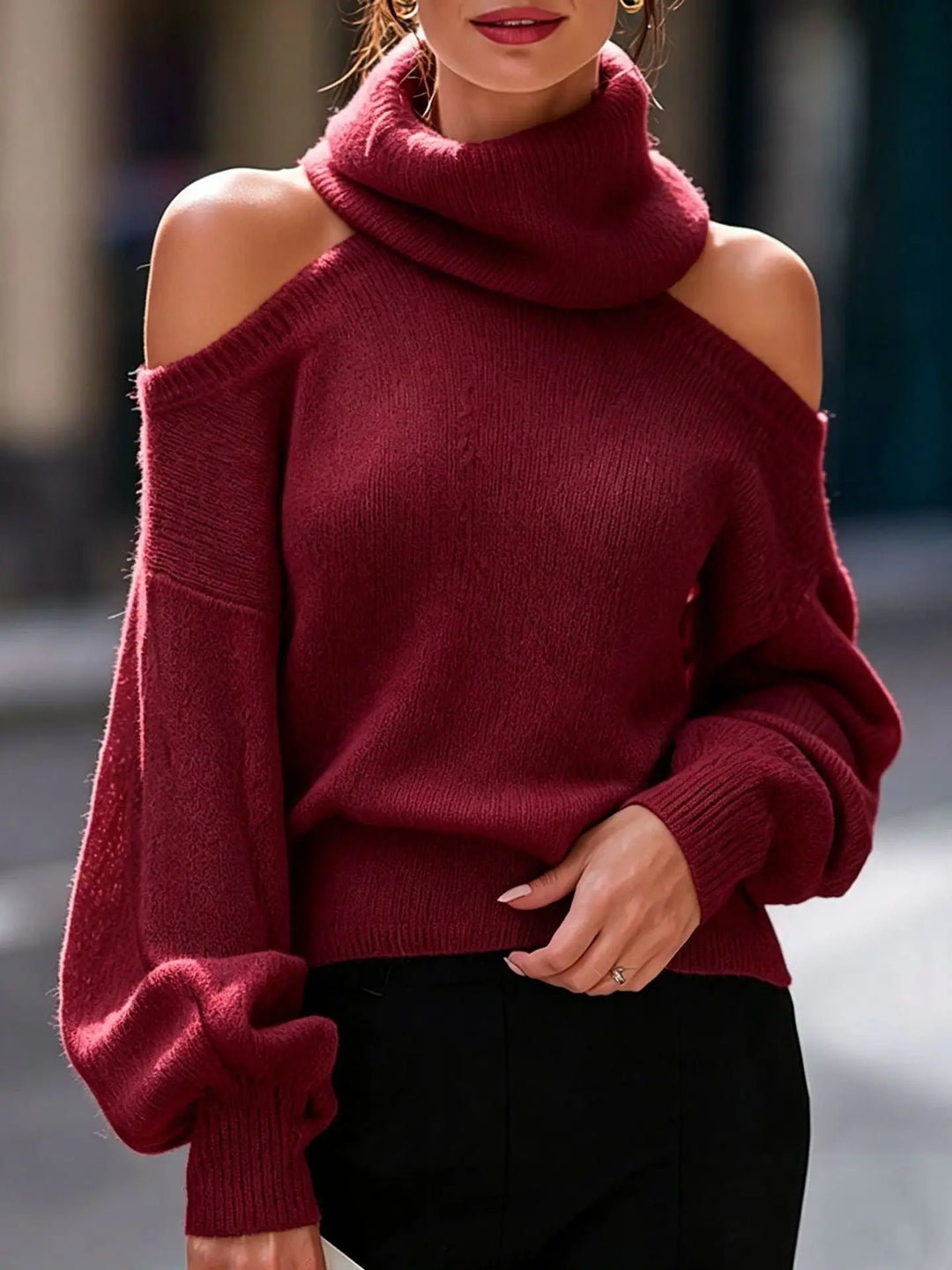 Wine red cold shoulder turtleneck sweater front view