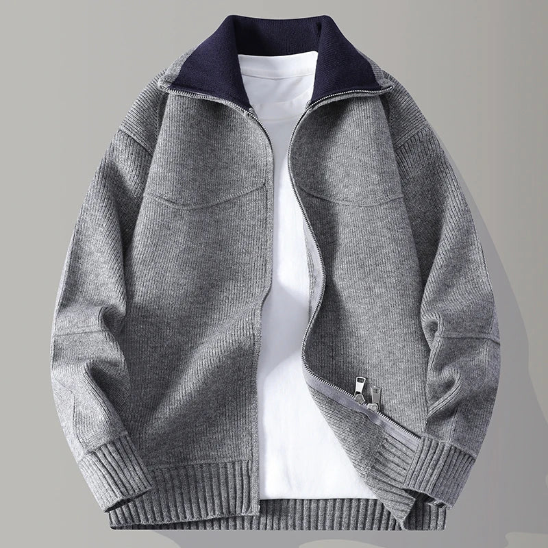 Gray knit zip cardigan with contrast navy collar, front view