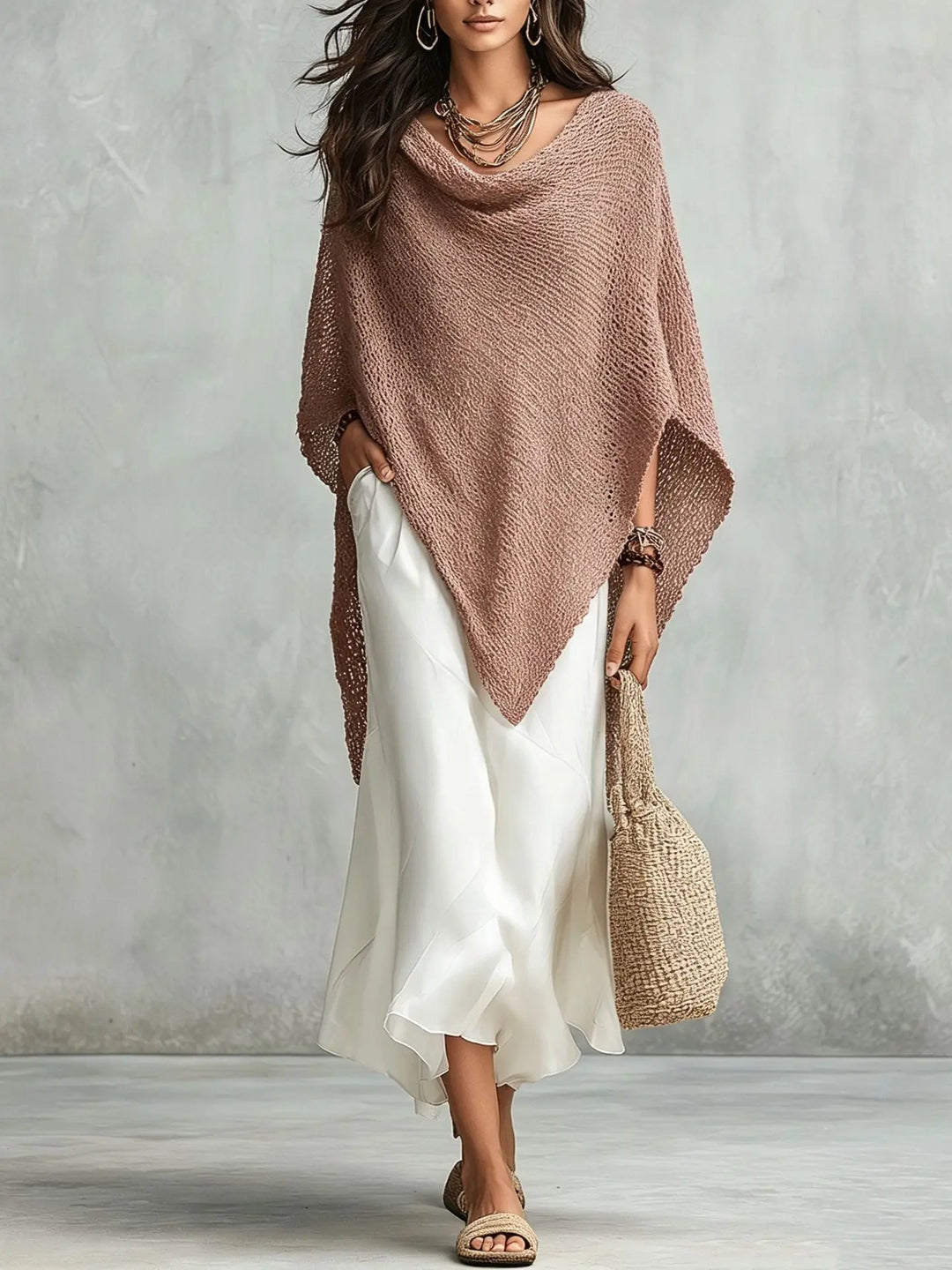 Elanisse Knit Poncho Maxi Dress Set