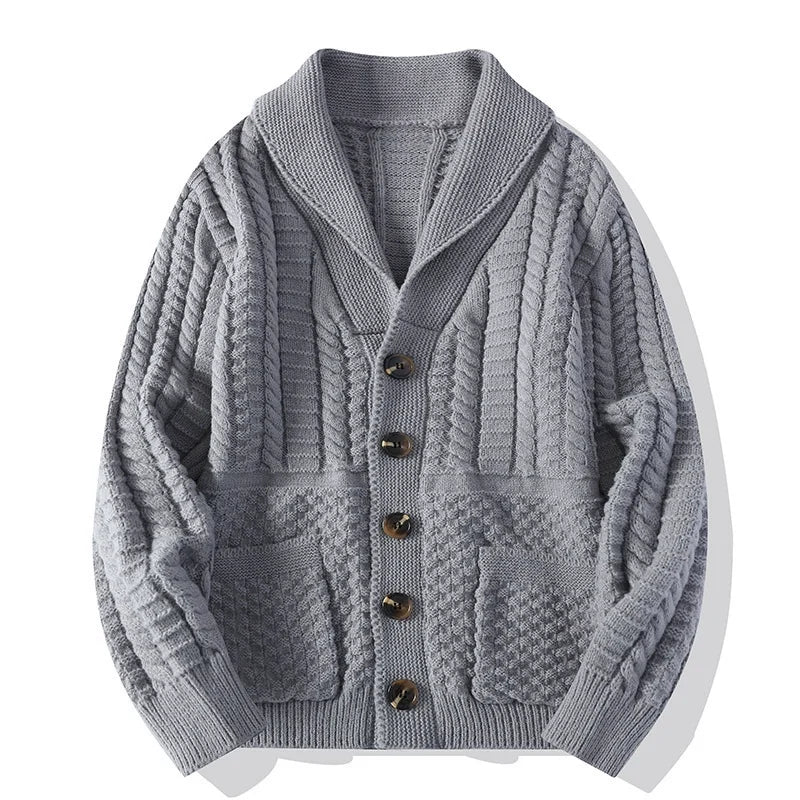 Gray cable knit shawl collar cardigan with patch pockets