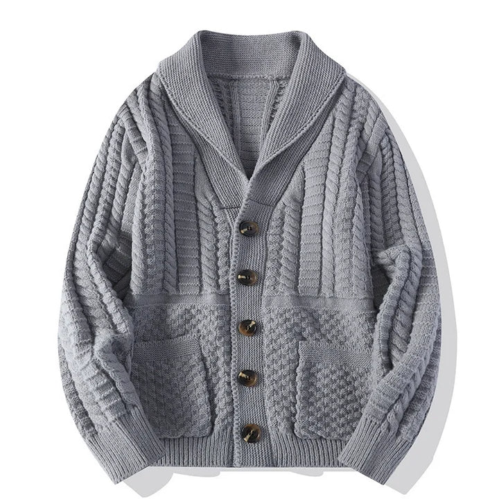 Gray cable knit shawl collar cardigan with patch pockets
