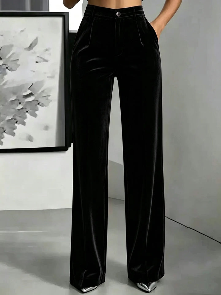 Black velvet wide leg pants back waist view