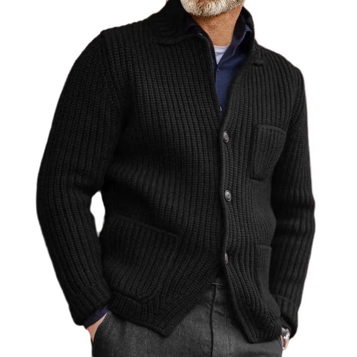 Black ribbed knit cardigan with button front closure