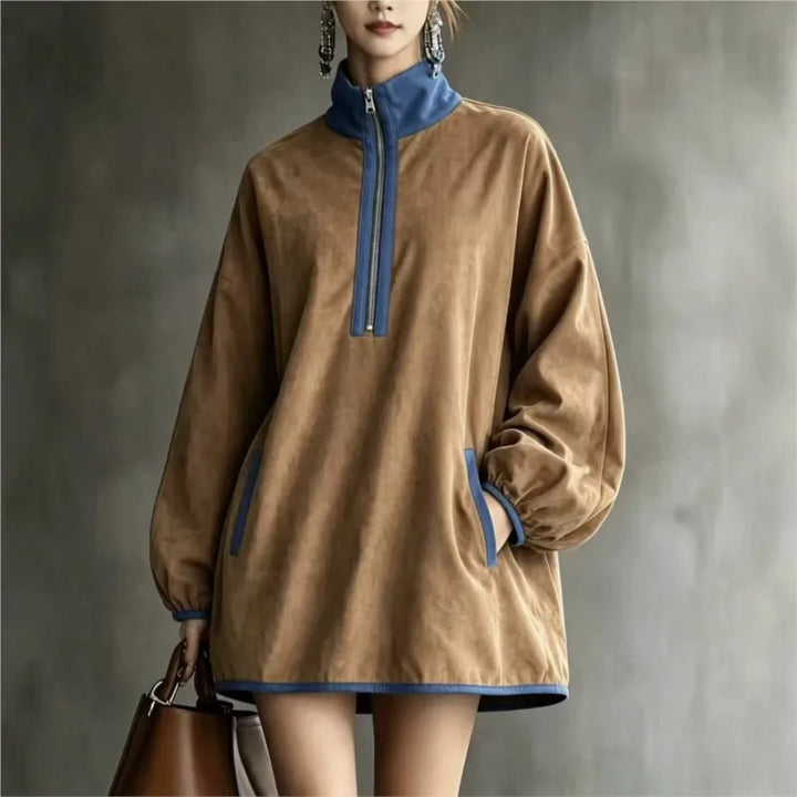 Khaki mini dress with contrast collar and zip front