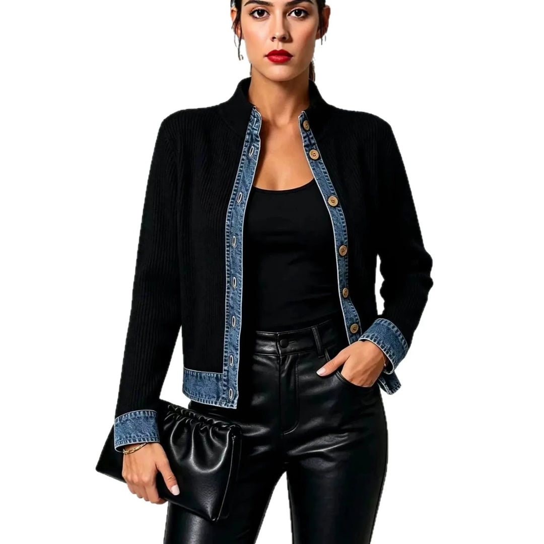 Black ribbed cardigan with denim trim, front close view