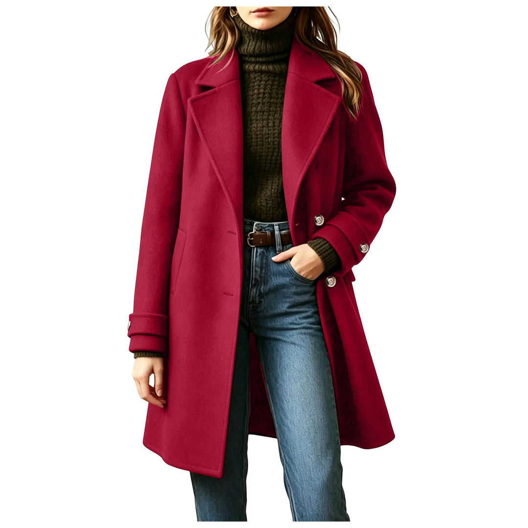 Woman wearing red mid-length double-breasted wool coat