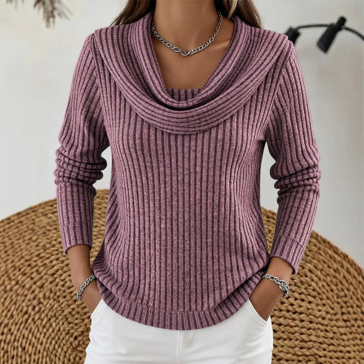 Mauve pink ribbed knit top with cowl neckline, close view
