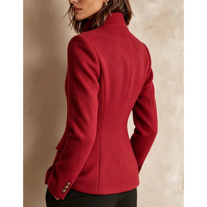 Red wool-blend jacket shown from the back with stand-up collar
