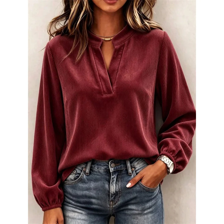 Wine red ribbed corduroy blouse with V-neck, front view