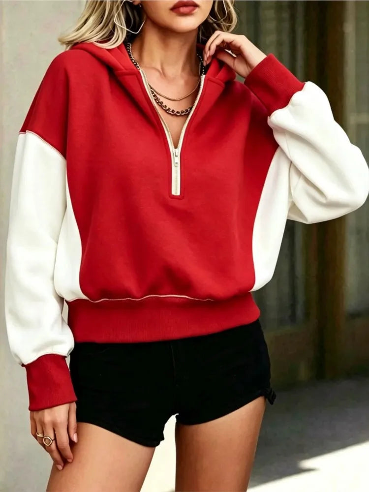 Red and white colorblock quarter-zip hoodie, front view