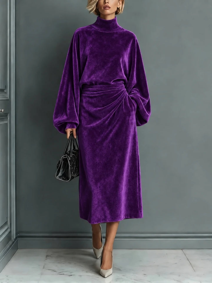 Purple velvet midi dress with lantern sleeves and turtleneck