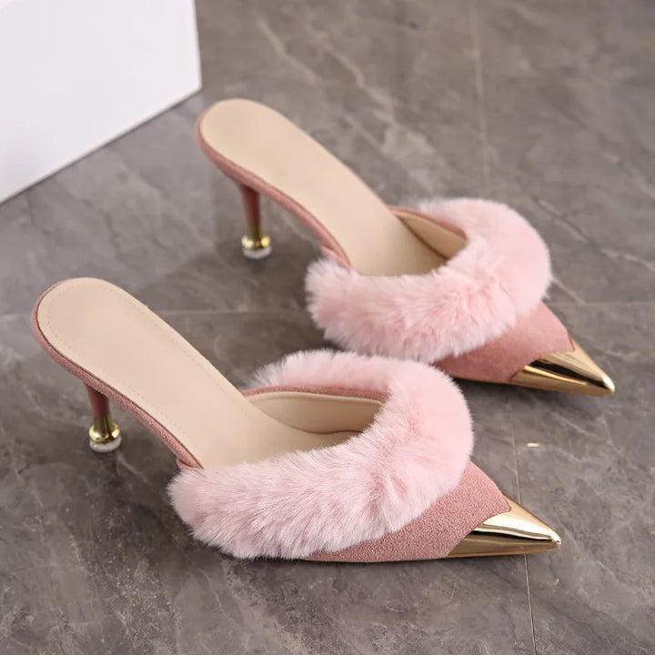 Pink faux fur trim pointed toe stiletto mules