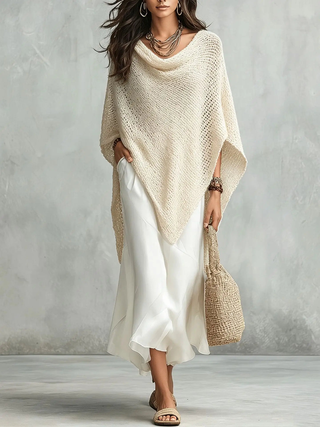Elanisse Knit Poncho Maxi Dress Set
