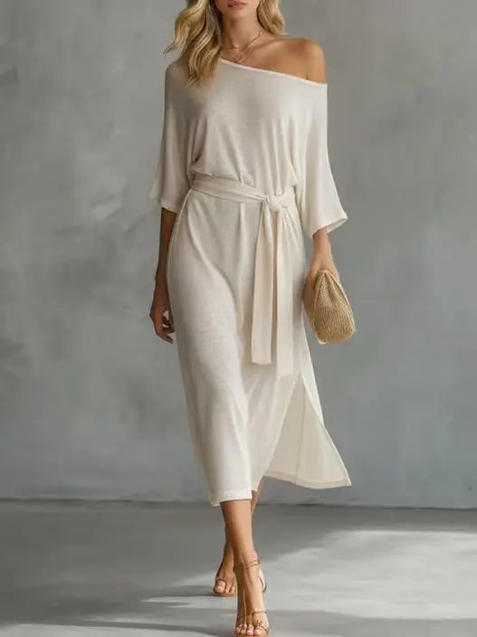 Elodie Off Shoulder Waist Tie Midi Dress