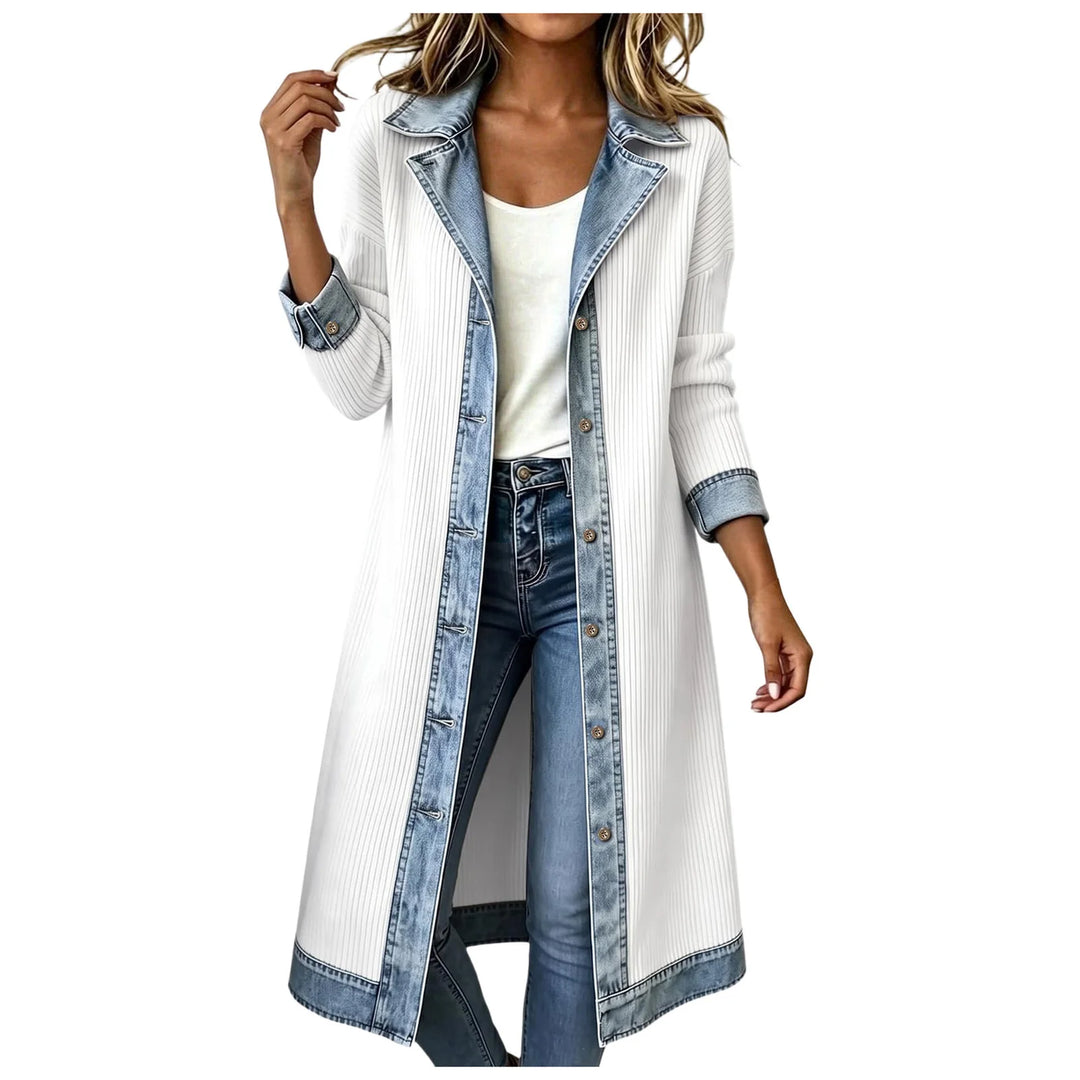 White ribbed knit long cardigan coat with denim collar and cuffs