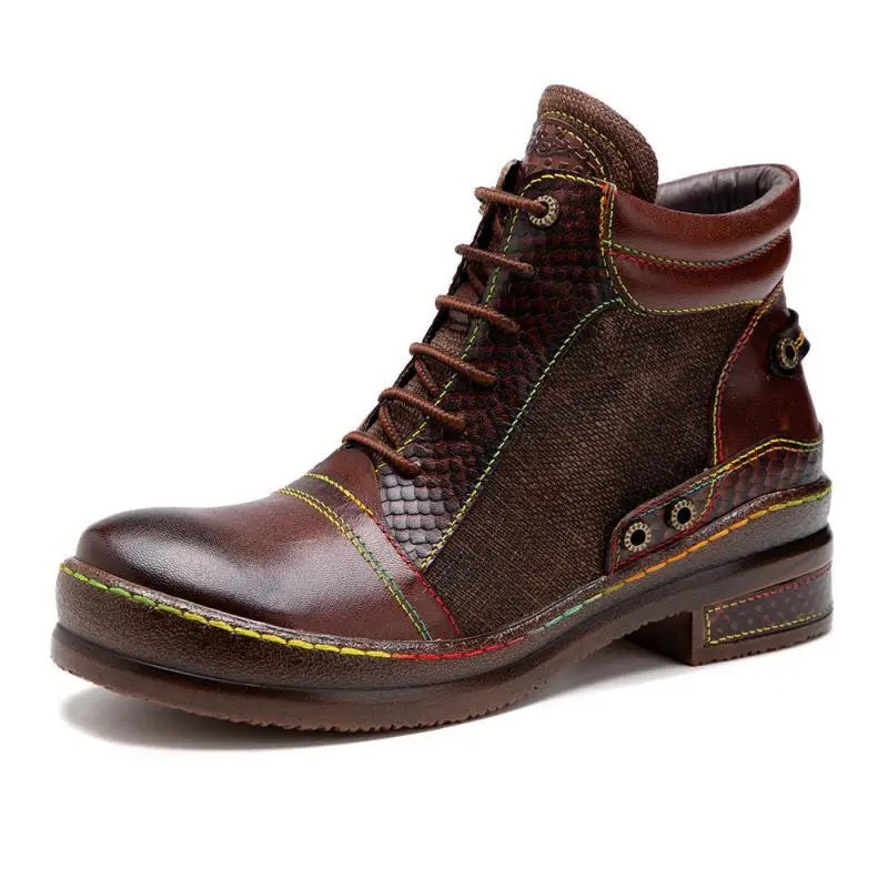 Brown mixed leather ankle boot on white background, side angle view
