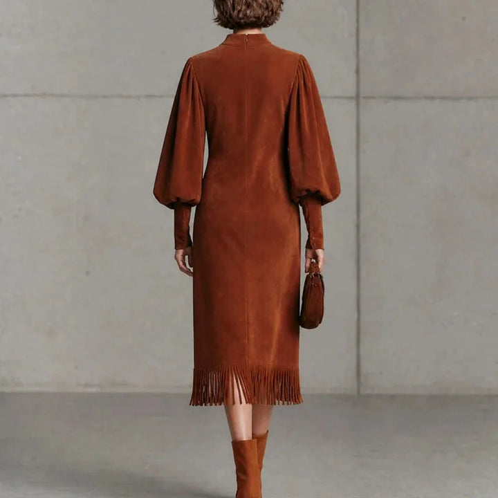 Marisette Lantern Sleeve Fringe Dress