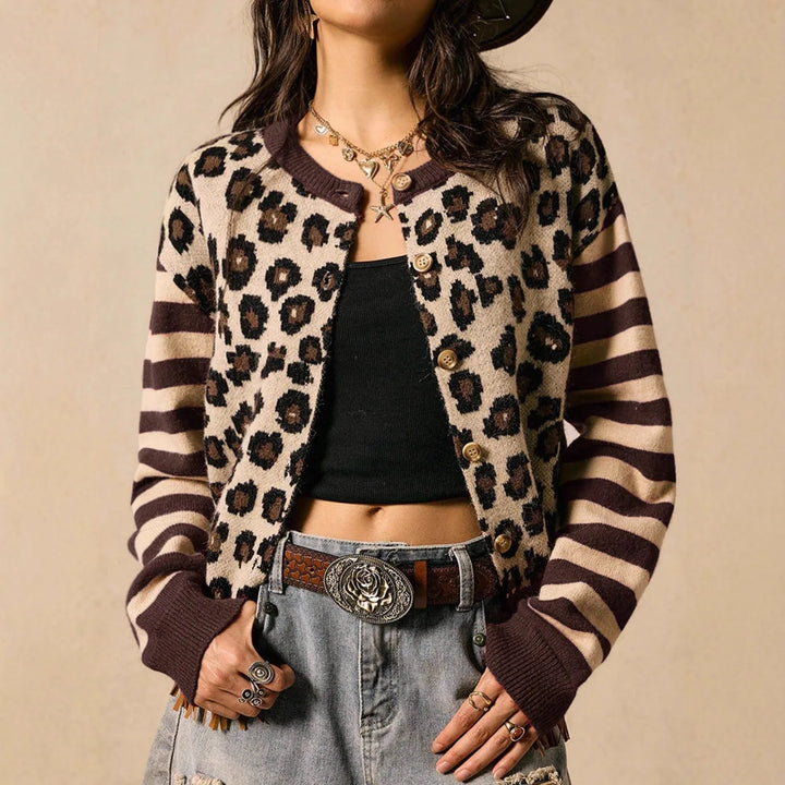 Close up front view of dark brown striped leopard print cardigan sweater
