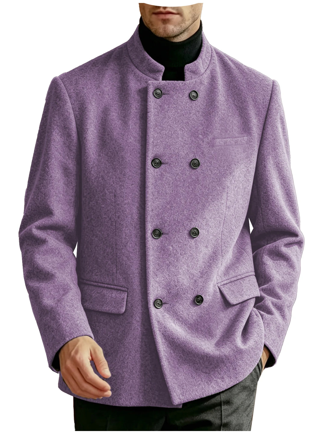 Man wearing purple mandarin collar double-breasted coat