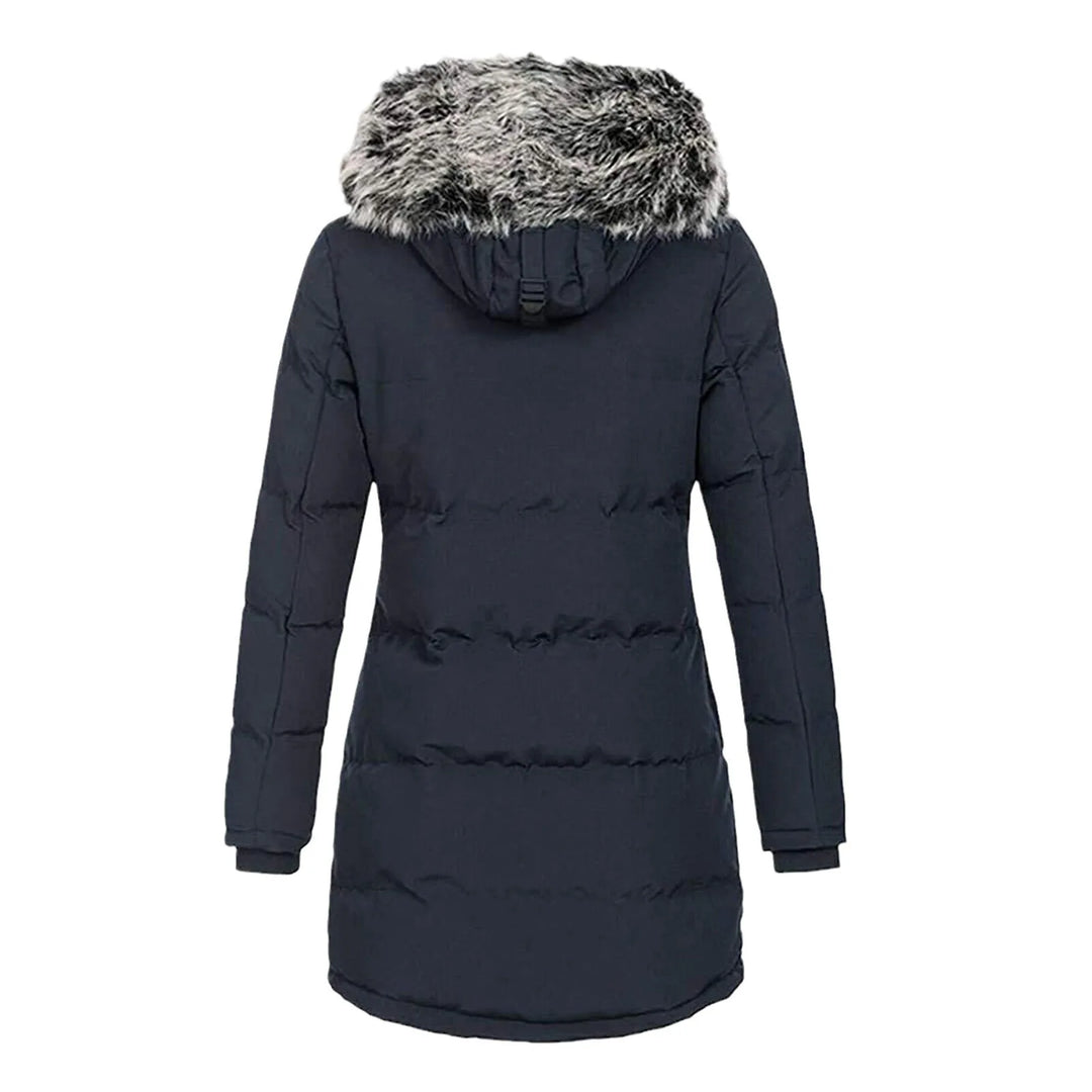 Dark blue hooded parka coat back view with faux fur trim