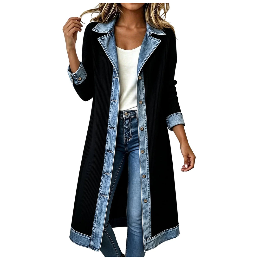 Black ribbed knit long cardigan coat with denim collar and cuffs