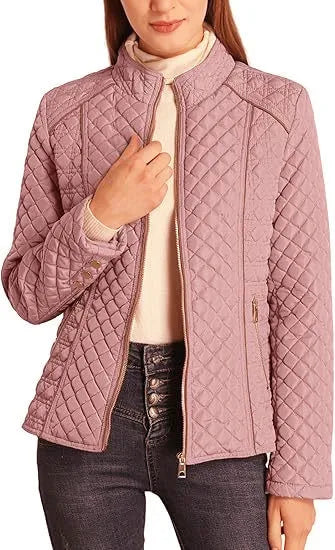 Woman wearing pink quilted puffer jacket close up