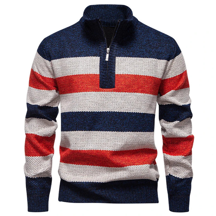Navy beige red striped quarter zip sweater, straight front view