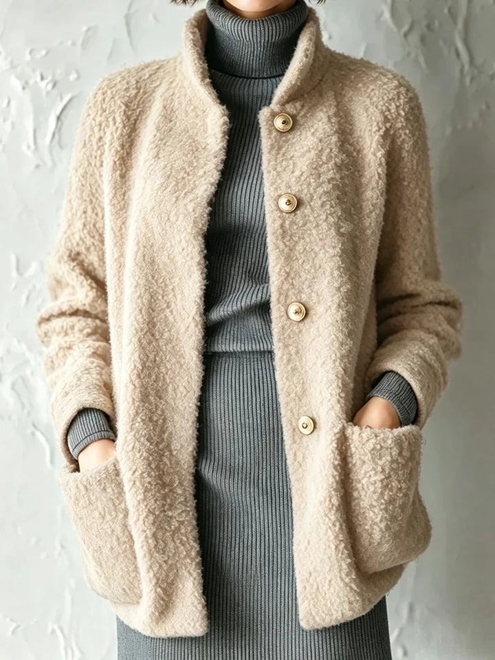 Khaki bouclé jacket with gold button closure