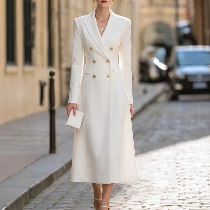 Woman wearing white double breasted blazer midi dress walking outdoors