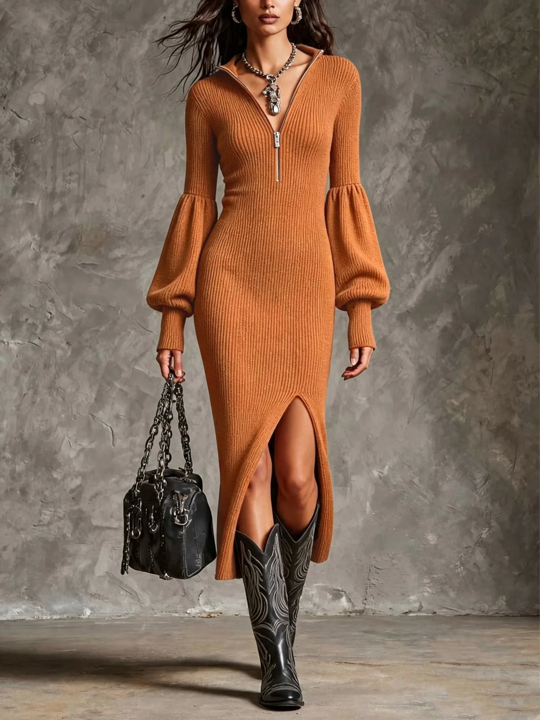 ZaraHalf Zip Ribbed Midi Dress