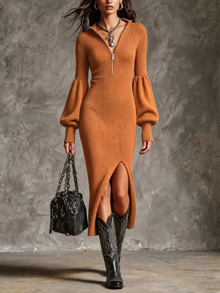 ZaraHalf Zip Ribbed Midi Dress