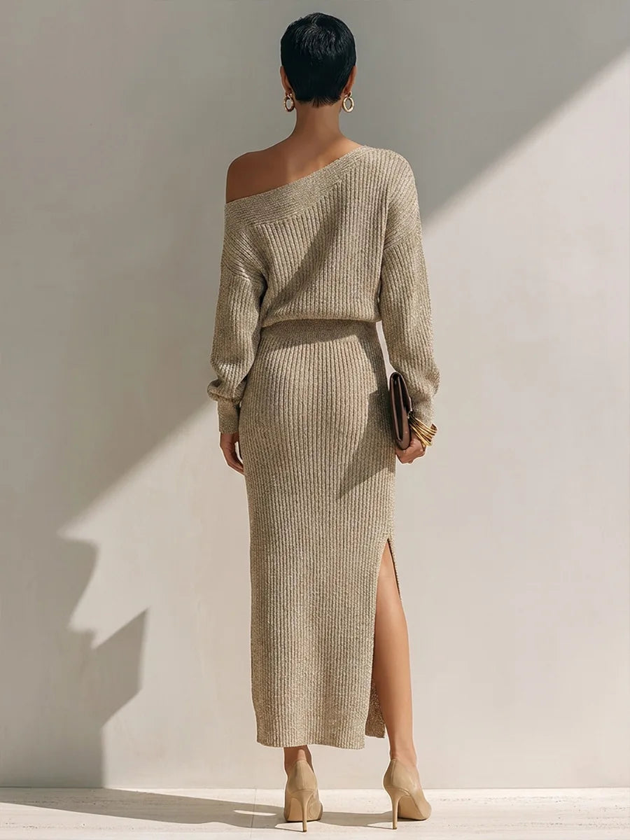 Back view of beige ribbed knit off shoulder top and midi skirt set