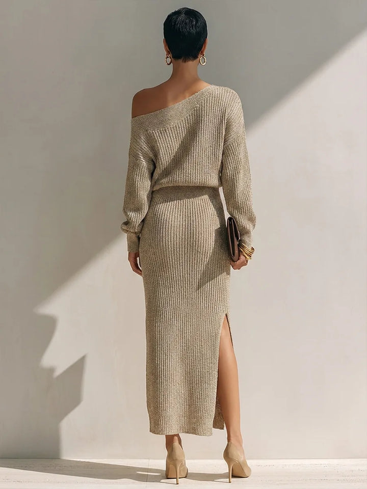 Back view of beige ribbed knit off shoulder top and midi skirt set