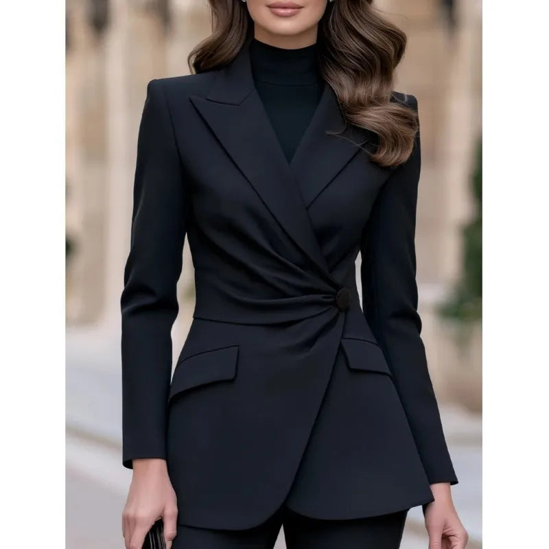 Woman wearing black twisted waist blazer with notched lapel