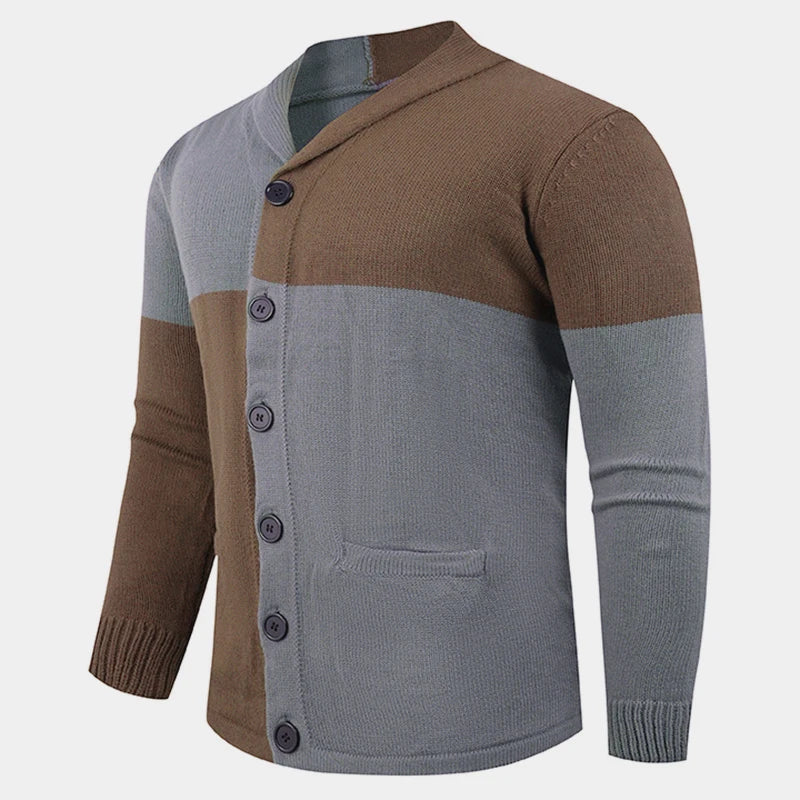 Gray brown color-block shawl collar cardigan sweater, side view