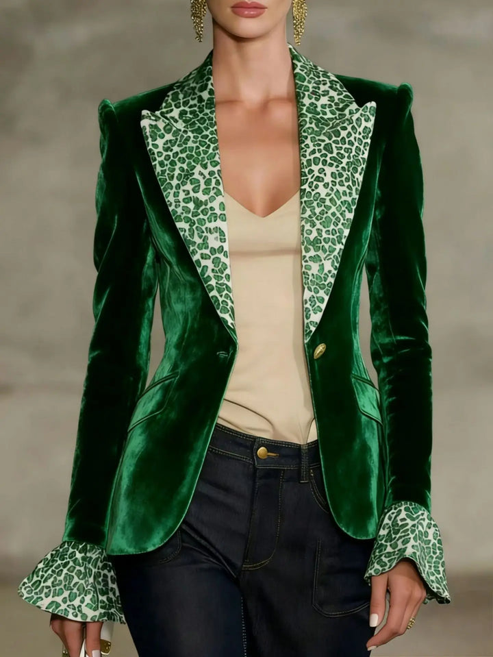 Green velvet blazer with leopard print lapel and flared cuffs, front view