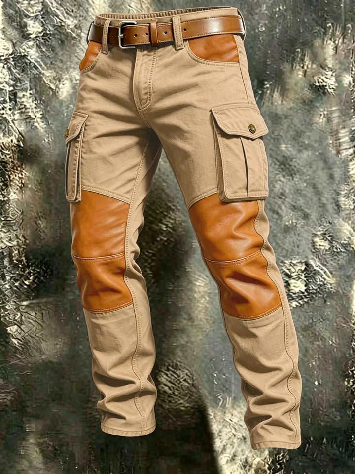 Khaki cargo pants with faux leather knee and pocket panels