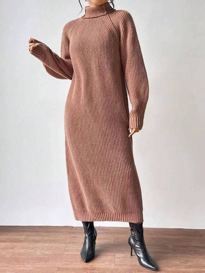 Camel ribbed knit turtleneck sweater dress, front view