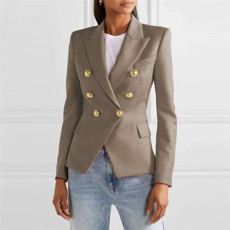 Taupe double-breasted blazer with gold buttons
