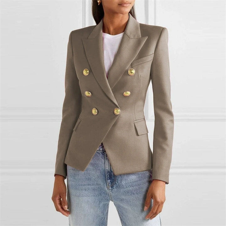 Taupe double-breasted blazer with gold buttons