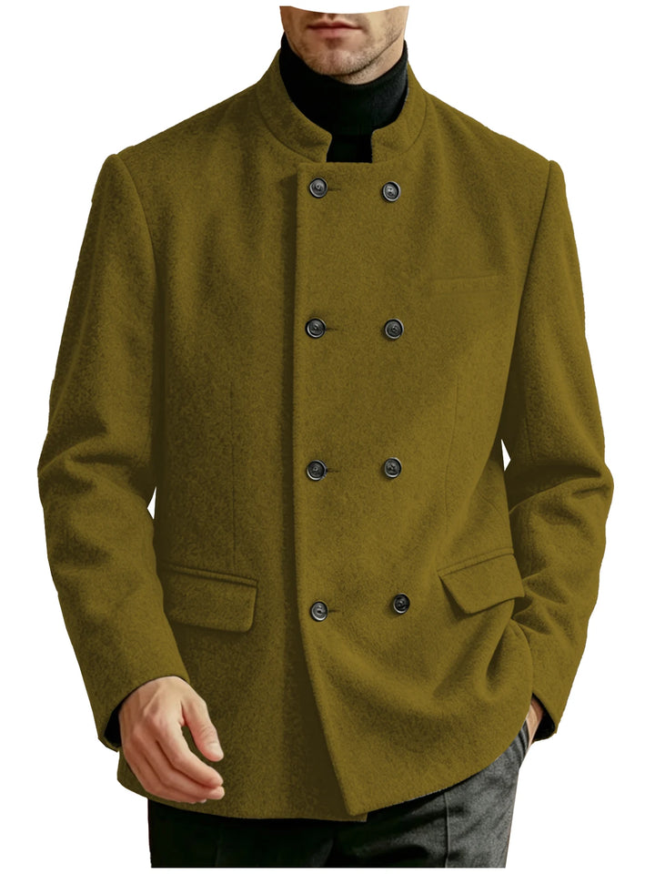 Man wearing army green mandarin collar double-breasted coat