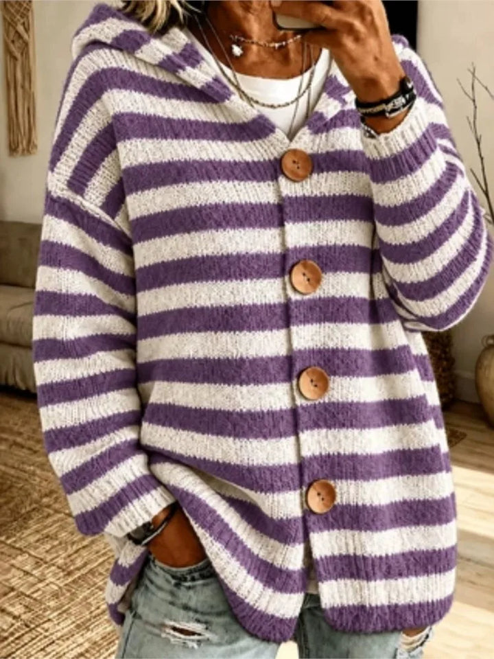 Purple and white striped hooded cardigan with wooden buttons, front view