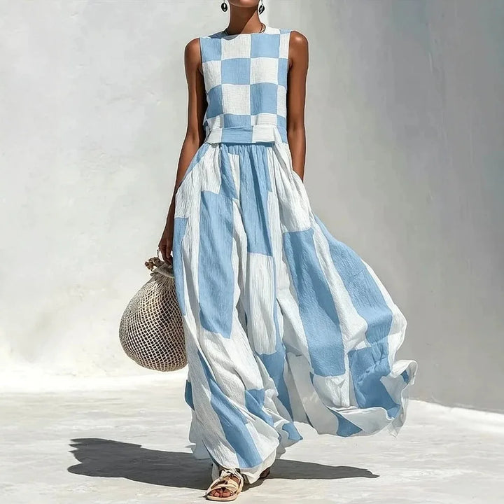 Aminta Geometric Patchwork Maxi Dress