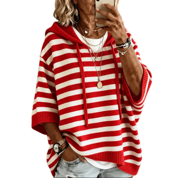Close up of red and white striped hooded sweater