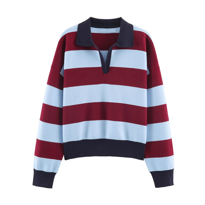 Burgundy and light blue striped polo sweater with navy collar, front view