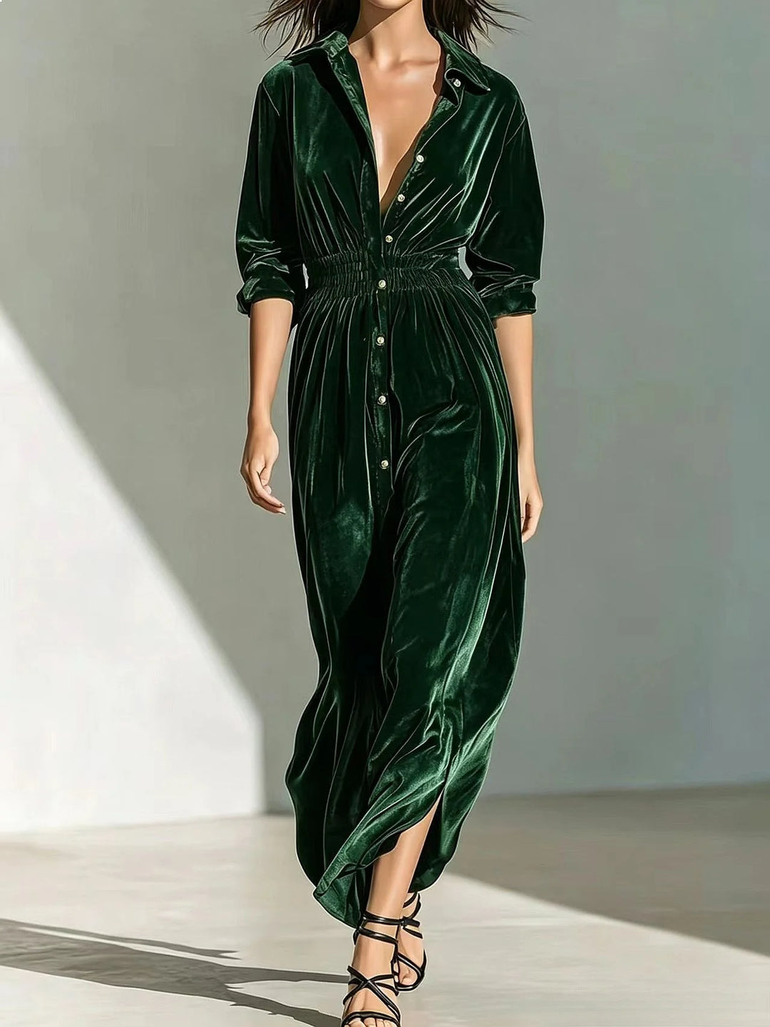 Dark green velvet shirt dress with smocked waist, walking shot