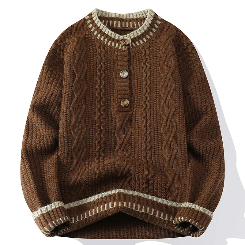 Brown cable knit pullover sweater with tan contrast trim and button placket, front view