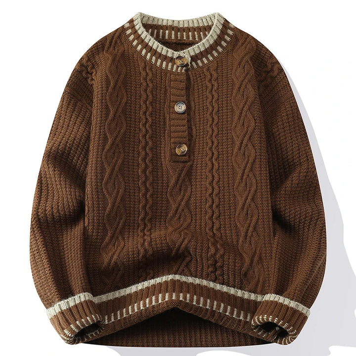 Brown cable knit pullover sweater with tan contrast trim and button placket, front view