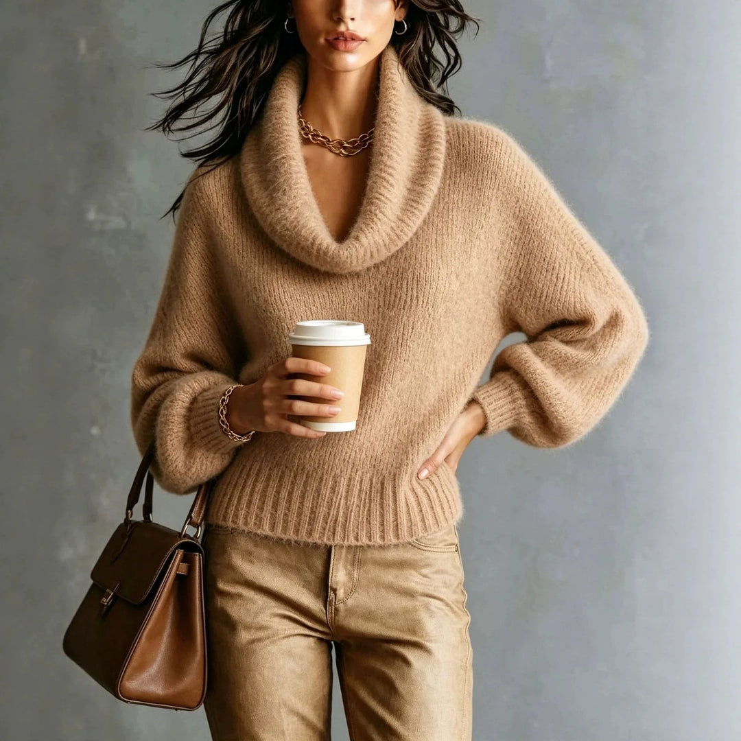 Woman wearing ginger yellow cowl neck chunky knit sweater